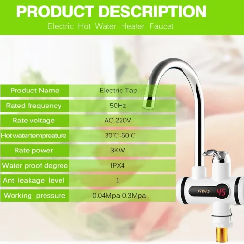 ATWFS Electric Kitchen Water Heater Tap Instant Hot Water Faucet Heater Cold Heating Faucet Tankless Instantaneous Water Heater - Image 4